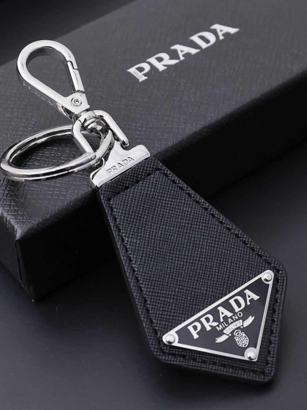 ✨ Prada Black Triangle Logo Leather Keychain